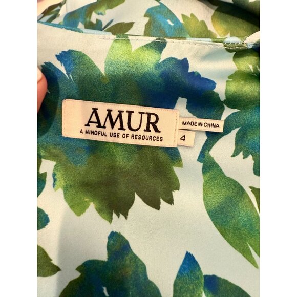 AMUR Floral Trissa Ruched Midi Dress Blue Green Watercolor Print Trissa - Size 4 - Picture 8 of 10